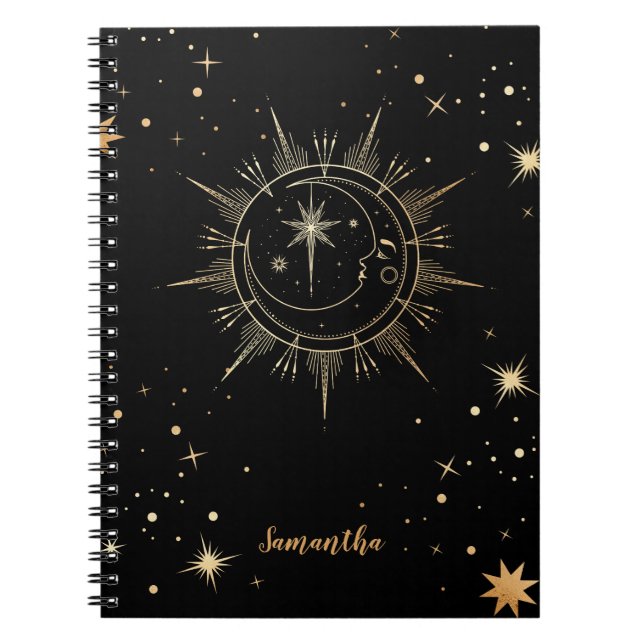 Celestial Black och Faux Guld Måne Sol Namn Anteckningsbok (Framsidan)