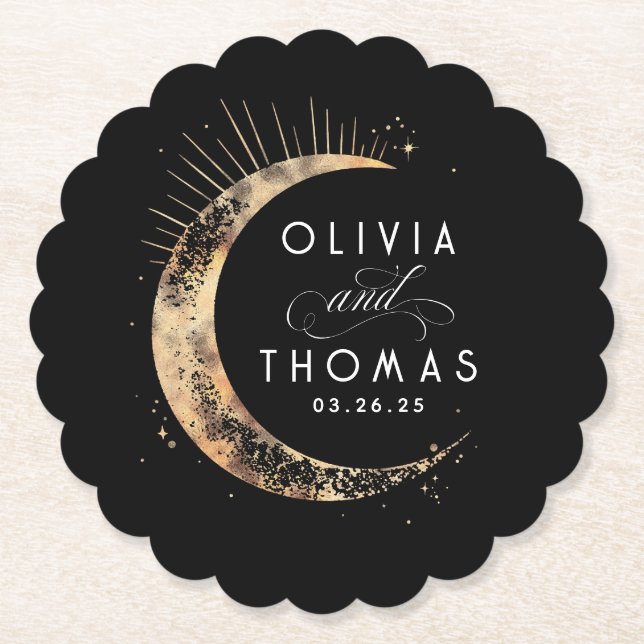 Celestial Black och Guld Mystical Bröllop Underlägg Papper (Framsida)