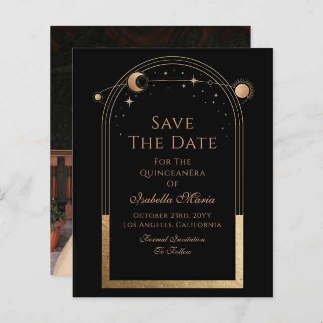 Celestial Black Save Date Birthday Quinceanera (Fram/baksida)