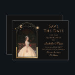 Celestial Black Save Date Birthday Quinceanera Spara Datumet<br><div class="desc">Den roliga,  svarta sparningen Den fjärde födelsedagsinbjudan har en svart bakgrund i guld sol,  måne och stjärnorna ram. Inuti finns ditt favoritfoto och din anpassningsbar Quinceanera sparar datuminformationen. Anpassa genom att redigera texten i textrutorna och lägga till ditt favoritfoto. Designad för dig ©2024 Evco Studio www.zazzle.com/store/evcostudio</div>