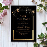Celestial Black Save Date Birthday Quinceanera Spara Datumet<br><div class="desc">Den roliga,  svarta sparningen Den fjärde födelsedagsinbjudan har en svart bakgrund i guld sol,  måne och stjärnorna ram. Din anpassningsbar Quinceanera sparar datuminformationen. Anpassa genom att redigera texten i textrutorna. Designad för dig ©2024 Evco Studio www.zazzle.com/store/evcostudio</div>