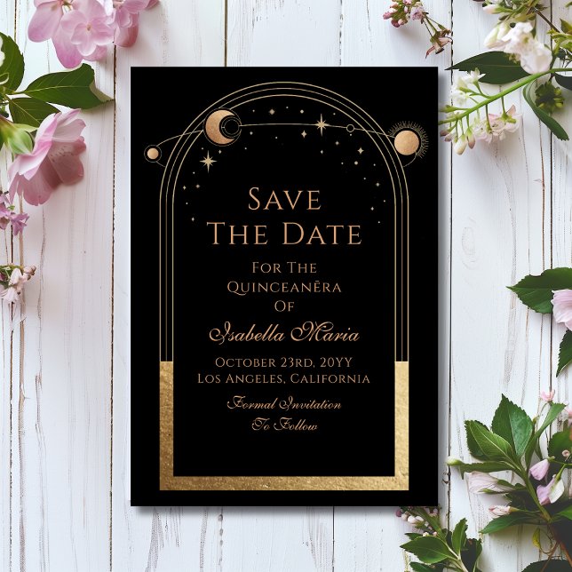 Celestial Black Save Date Birthday Quinceanera Spara Datumet (Skapare uppladdad)