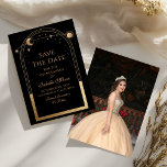Celestial Black Save Date Birthday Quinceanera Spara Datumet<br><div class="desc">Den roliga,  svarta sparningen Den fjärde födelsedagsinbjudan har en svart bakgrund i guld sol,  måne och stjärnorna ram. Inuti finns din anpassningsbar sparar Quinceanera datuminformationen och lägg till ditt favoritfoto på motsatt sida. Anpassa genom att redigera texten i textrutorna. Designad för dig ©2024 Evco Studio www.zazzle.com/store/evcostudio</div>