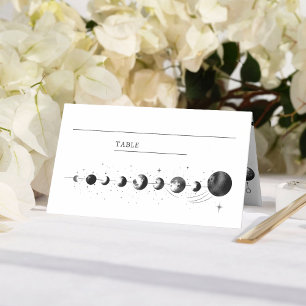 Celestial Black White Crescent Måne Phases Bröllop Placeringskort