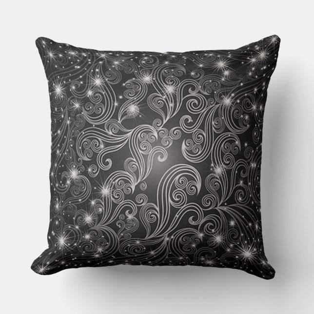 Celestial Black & White Swirls & Stars Pillow Kudde (Framsida)