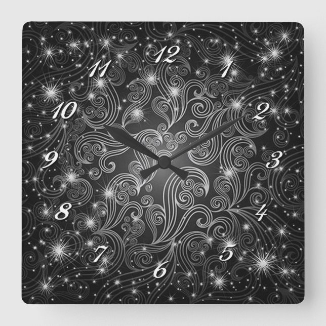 Celestial Black & White Swirls & Stars Wall Clock Fyrkantig Klocka (Framsida)