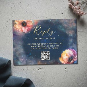 Celestial Blommig Galax Mörkblå Bröllops QR OSA Kort