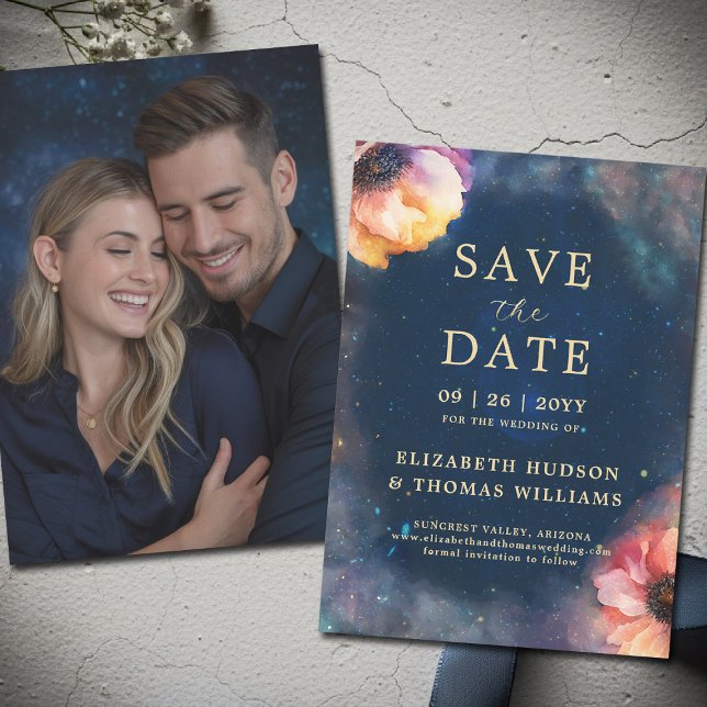 Celestial Blommig Galaxy Stjärnklar Natt Blå Bröll Spara Datumet (celestial floral galaxy wedding save the date watercolor navy blue starry night written in the stars)