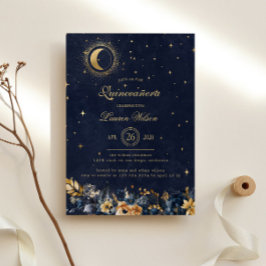 Celestial Blommigt Blue Guld Stars Quinceanera Inbjudningar