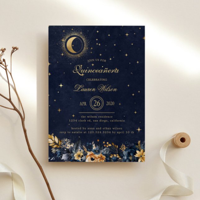 Celestial Blommigt Blue Guld Stars Quinceanera Inbjudningar (Skapare uppladdad)