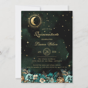Celestial Blommigt Grönt Guld Stars Quinceanera Inbjudningar