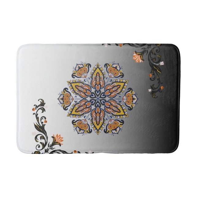 Celestial Bloom – Black & White Mandala Floral Des Badrumsmatta (Framsidan)