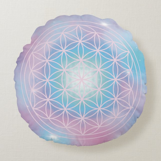 Celestial Bloom – Blomman av Liv – Sacred Geometry Rund Kudde (Framsidan)