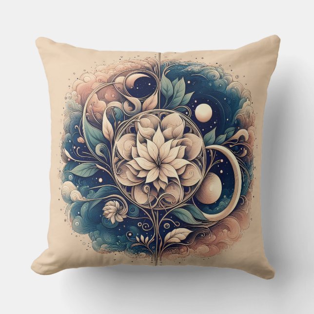 "Celestial Bloom - Mystic Blommigt Måne Art" Kudde (Framsida)