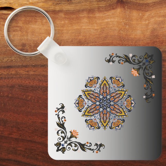 Celestial Bloom, svarta och gyllene botaniska moti Nyckelring (Framsida)