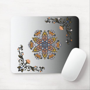 Celestial Bloom – Svarta och vita mandala-blommor Musmatta