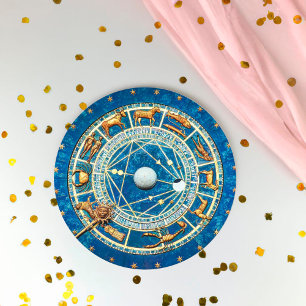 Celestial Blue Antique Guld Zodiac Wheel Astrology Underlägg Papper Rund