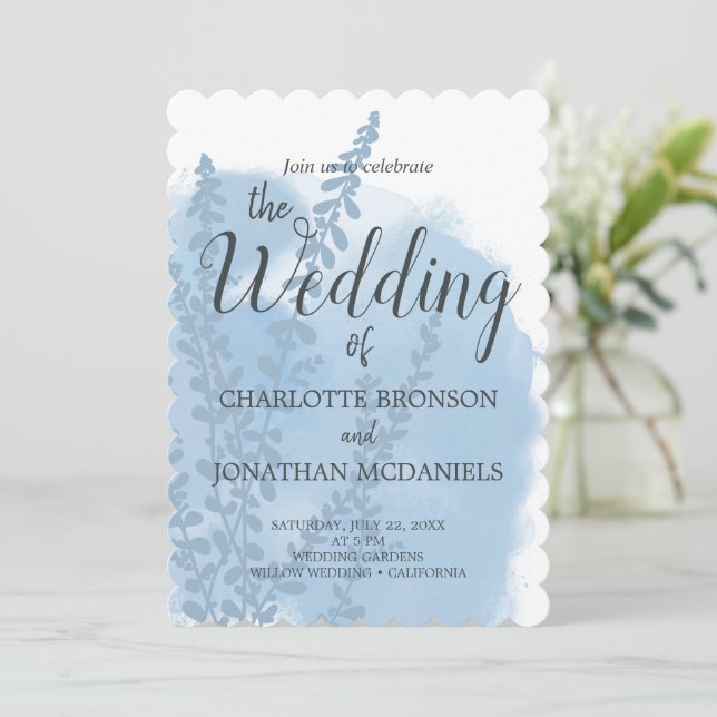Celestial Blue Botanical Watercolor Tvättar Bröllo Inbjudningar (Stående Fram)