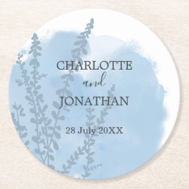 Celestial Blue Botanical Watercolor Tvättar Bröllo Underlägg Papper Rund