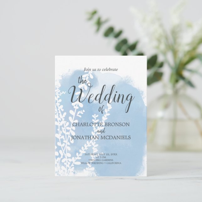 Celestial Blue Botanical Watercolor Tvättar Bröllo Vykort (Stående Fram)