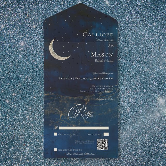 Celestial Blue Crescent Måne Bröllop QR-kod (Celestial Blue Crescent Moon Wedding QR Code All In One Invitation)
