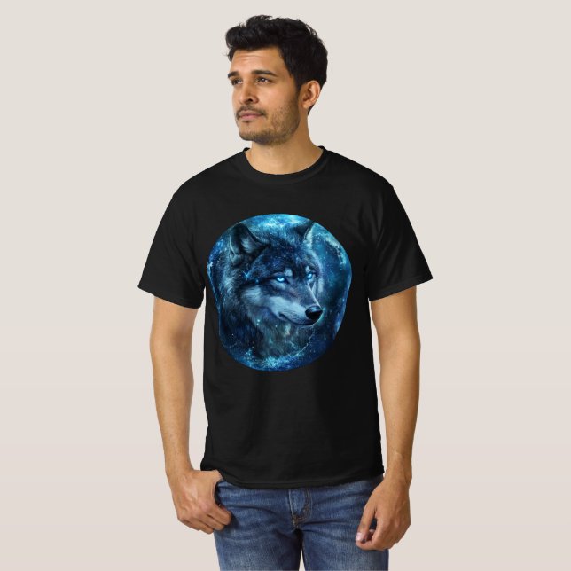 Celestial Blue-Eyed Wolf Wall Art T Shirt (Hel framsida)