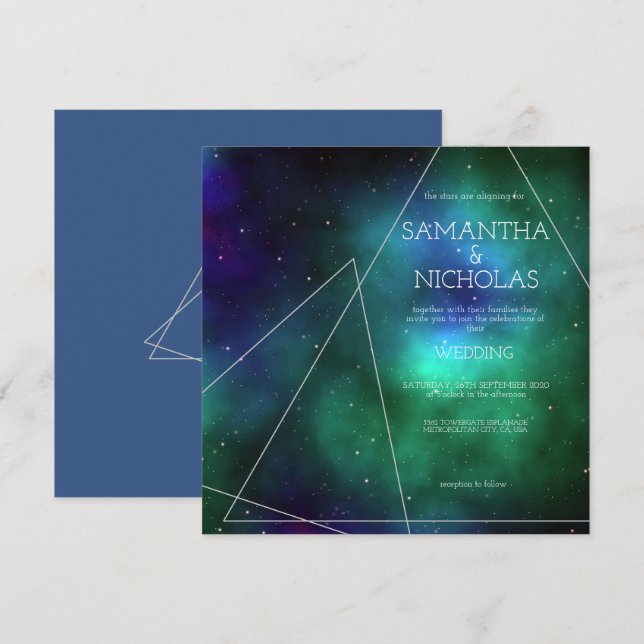 Celestial Blue Grönt Galaxy Abstrakt Bröllop Inbjudningar (Fram/baksida)