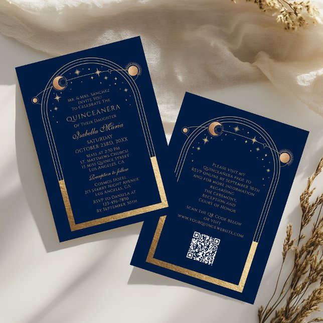 Celestial Blue Guld QR-kod Quinceañera Inbjudningar (Skapare uppladdad)