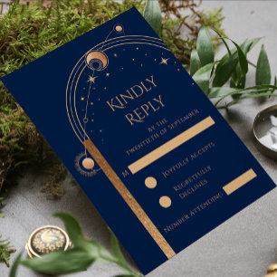Celestial Blue Guld Sol Måne Stars Bröllop OSA Kort