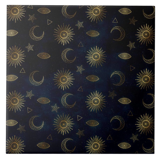 Celestial Blue Guld Sol Måne Stars Kakelplatta (Framsidan)