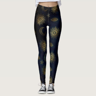 Celestial Blue Guld Sol Måne Stars Leggings