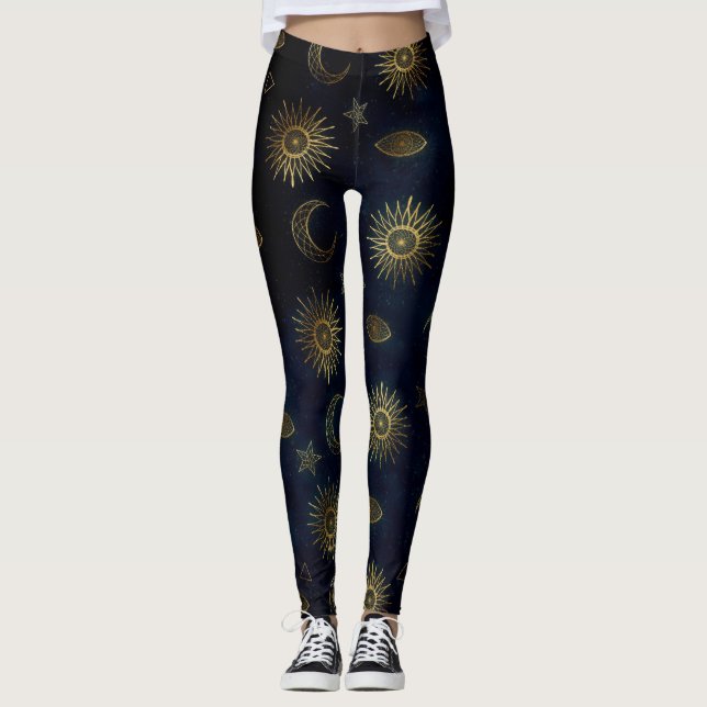 Celestial Blue Guld Sol Måne Stars Leggings (Framsida)