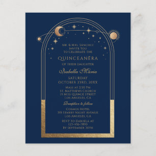 Celestial Blue Guld Sol Måne Stars Quinceañera Flygblad