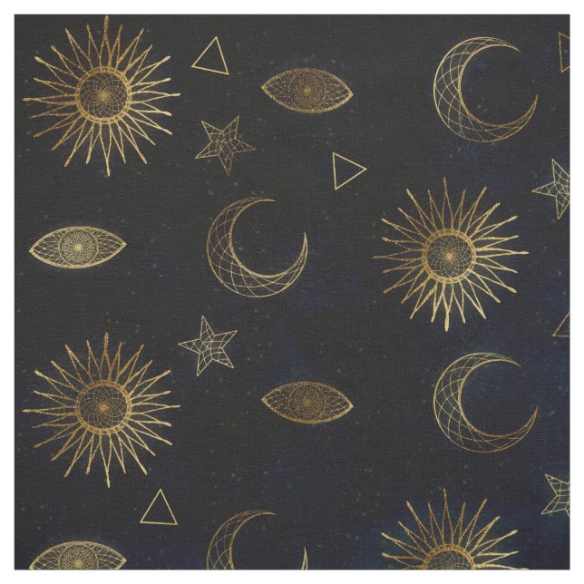 Celestial Blue Guld Sol Måne Stars Tyg (Provkarta)