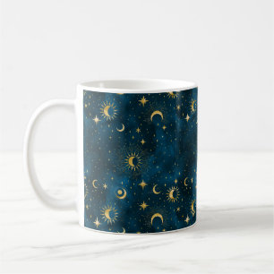 Celestial Blue & Guld Starry Night Crescent Måne Kaffemugg
