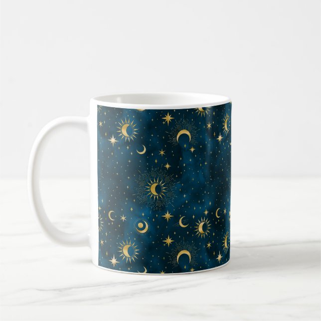 Celestial Blue & Guld Starry Night Crescent Måne Kaffemugg (Vänster)
