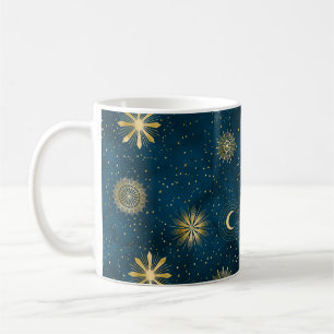 Celestial Blue & Guld Starry Night Crescent Måne Kaffemugg
