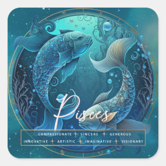 Celestial Blue Lila Fish Pisces Fantasy Zodiac Fyrkantigt Klistermärke
