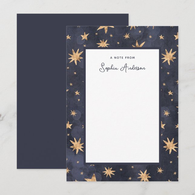 Celestial Blue med Faux Guld Stars Anteckningskort (Fram/baksida)
