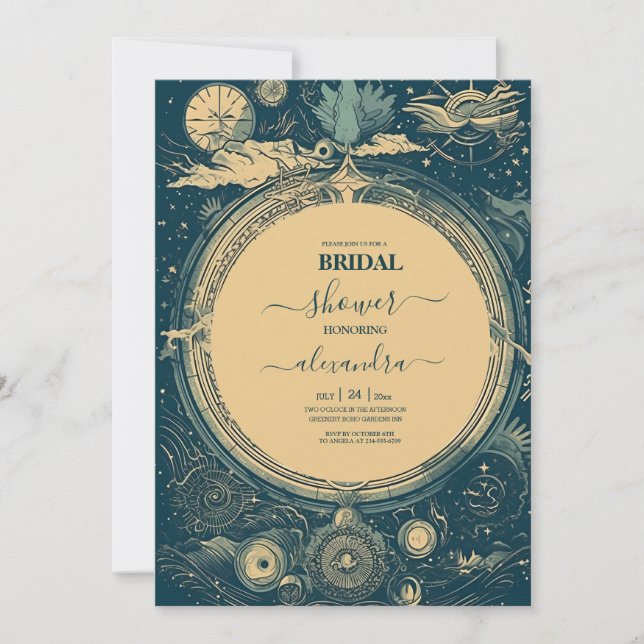 Celestial Blue och Golg Tarotkort Bröllop Inbjudningar (Framsida)
