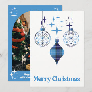 Celestial Blue Plaid Ornament Flat Holiday Card Julkort