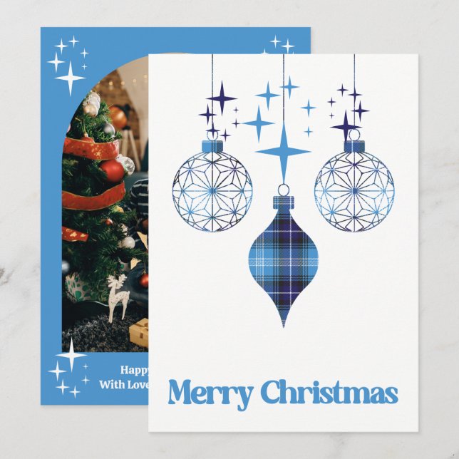 Celestial Blue Plaid Ornament Flat Holiday Card Julkort (Fram/baksida)