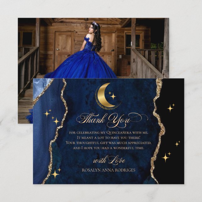 Celestial Blue Quinceañera Midnatt Stjärnor Måne  Tack Kort (Fram/baksida)