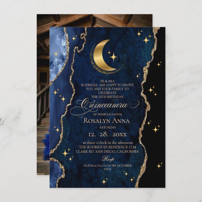  Celestial Blue Quinceanera Midnight Stars Moon  Inbjudningar (Fram/baksida)
