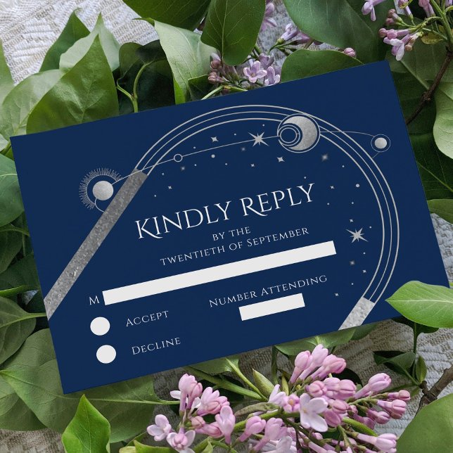 Celestial Blue Silver Sol Måne Stars Bröllop OSA Kort (Skapare uppladdad)