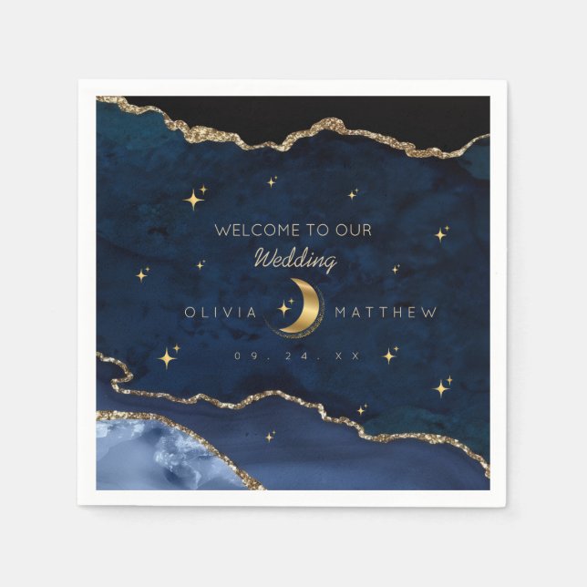 Celestial Blue Wedding Midnight Stars Moon  Pappersservett (Framsidan)