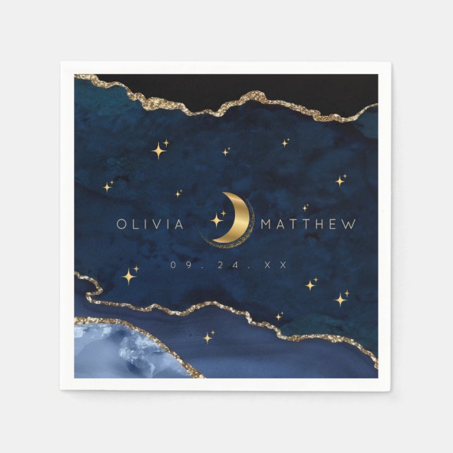 Celestial Blue Wedding Midnight Stars Moon  Pappersservett (Framsidan)