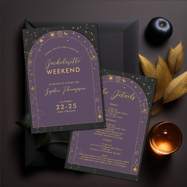Celestial Boho Arch Bachelorette Party Itinerary Inbjudningar (new orleans nola celestial mystical horoscope tarot bachelorette party itinerary boho arch gold star)
