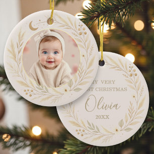 Celestial Boho Baby Första Julen Foto Julgransprydnad Keramik