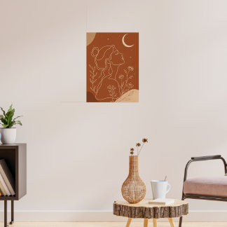 Celestial Boho Kvinna Linje Konst med Måne och Stj Poster